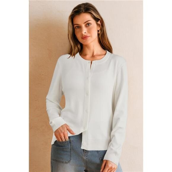 Women's Wool Blended Cardigan Sweaters Lightweight White - Picture 4 of 6